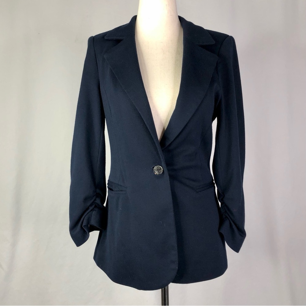 41 Hawthorn Benson jersey knit blazer navy ruched sleeves single button M